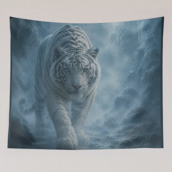 Item preview, Majestic White Tiger Beneath the Full Moon | Blue Mystical Forest Wildlife Art designed and sold by ManJiangHong.