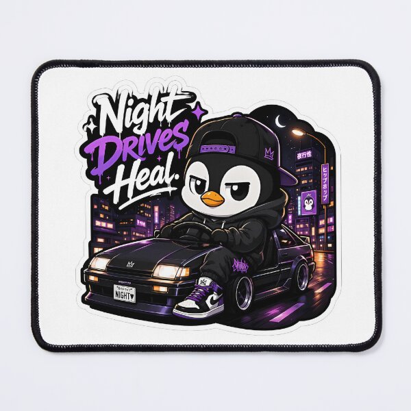 Item preview, Night Drives Heal Penguin – Midnight Drive Cartoon Mascot Sticker designed and sold by Aesthicer.