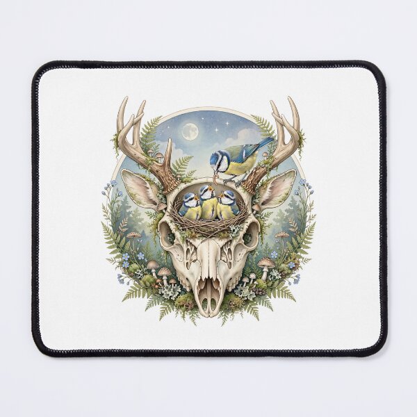 Item preview, Life From Death | Blue Tits in Deer Skull | Dark Cottagecore Nature Art | Goblincore designed and sold by Neurospicy Trolls.