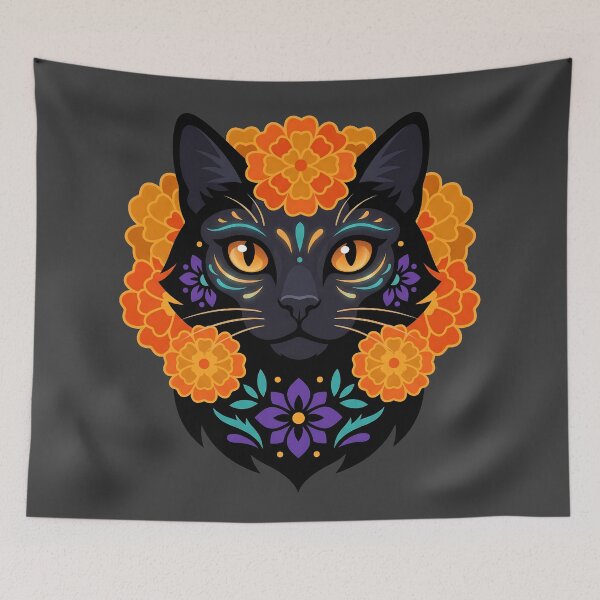 Item preview, Día de los Muertos Marigold Guardian Black Cat designed and sold by MythicCotton.