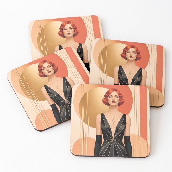 Item preview, 1920s Flapper Woman with orange red hair in Modern Minimalist Art Style with orange designed and sold by Lucia Amaris Art.