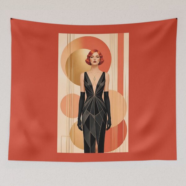 Item preview, 1920s Flapper Woman with orange red hair in Modern Minimalist Art Style with orange variation 1 designed and sold by Lucia Amaris Art.