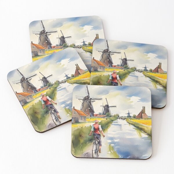 Item preview, Three Windmills Watercolor Holland Landscape Cycling Art designed and sold by UmSkelig834.