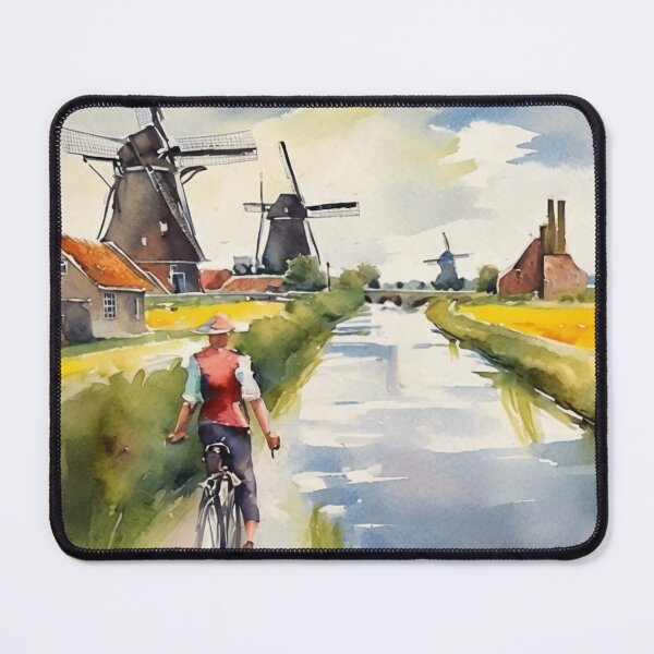 Item preview, Three Windmills Watercolor Holland Landscape Cycling Art designed and sold by UmSkelig834.