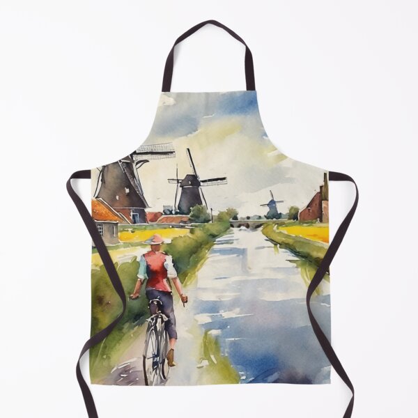 Item preview, Three Windmills Watercolor Holland Landscape Cycling Art designed and sold by UmSkelig834.