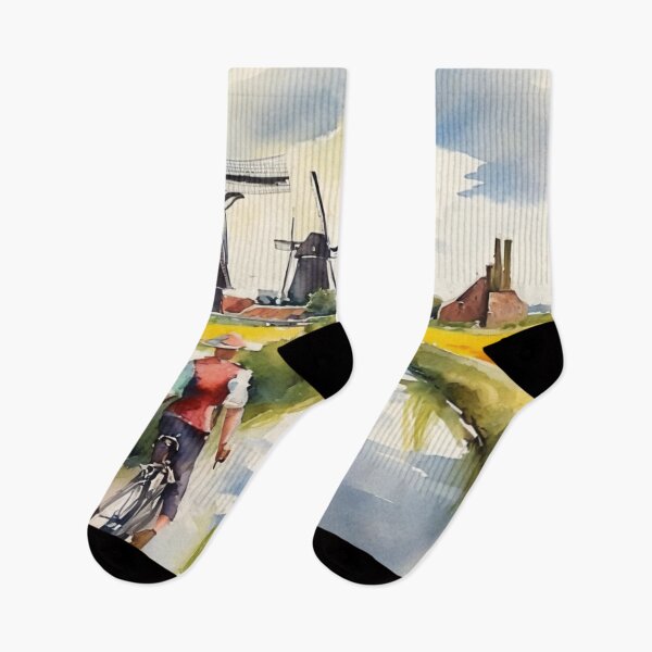 Item preview, Three Windmills Watercolor Holland Landscape Cycling Art designed and sold by UmSkelig834.