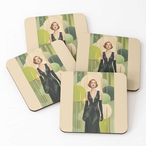 Item preview, 1920s Flapper Woman with orange red hair in Modern Minimalist Art Style with green variation 1 designed and sold by Lucia Amaris Art.