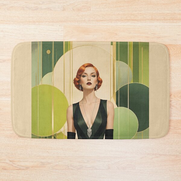 Item preview, 1920s Flapper Woman with orange red hair in Modern Minimalist Art Style with green variation 1 designed and sold by Lucia Amaris Art.