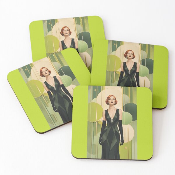 Item preview, 1920s Flapper Woman with orange red hair in Modern Minimalist Art Style with green variation 2 designed and sold by Lucia Amaris Art.