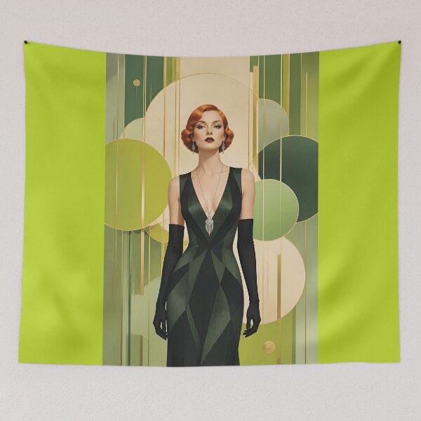 Item preview, 1920s Flapper Woman with orange red hair in Modern Minimalist Art Style with green variation 2 designed and sold by Lucia Amaris Art.