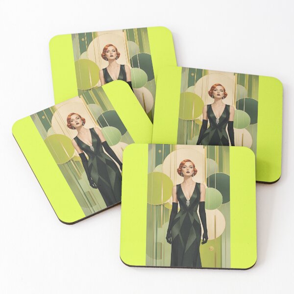 Item preview, 1920s Flapper Woman with orange red hair in Modern Minimalist Art Style with green variation 3 designed and sold by Lucia Amaris Art.