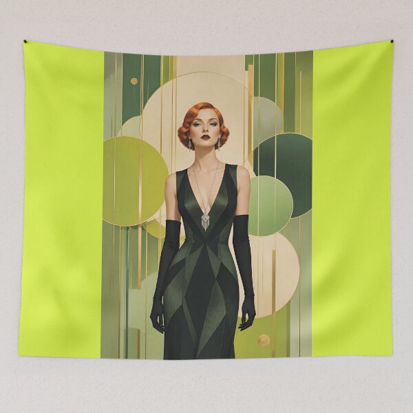 Item preview, 1920s Flapper Woman with orange red hair in Modern Minimalist Art Style with green variation 3 designed and sold by Lucia Amaris Art.