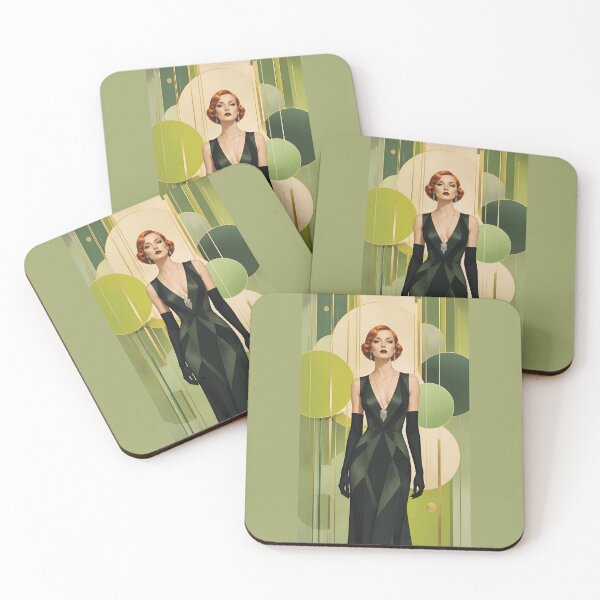 Item preview, 1920s Flapper Woman with orange red hair in Modern Minimalist Art Style with green variation 4 designed and sold by Lucia Amaris Art.