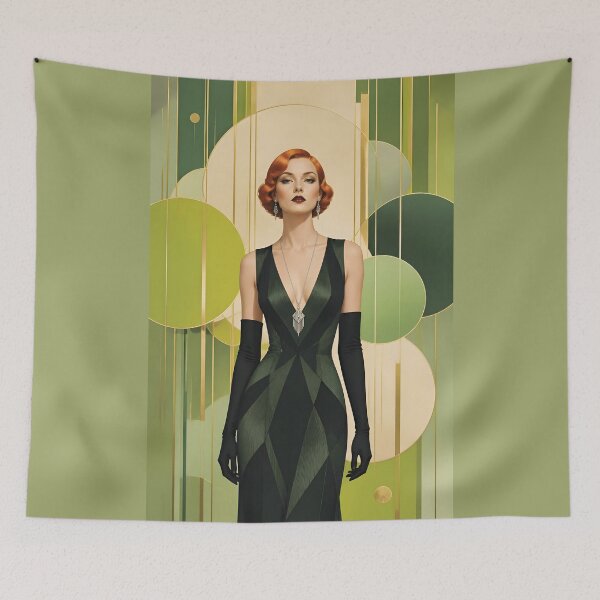 Item preview, 1920s Flapper Woman with orange red hair in Modern Minimalist Art Style with green variation 4 designed and sold by Lucia Amaris Art.