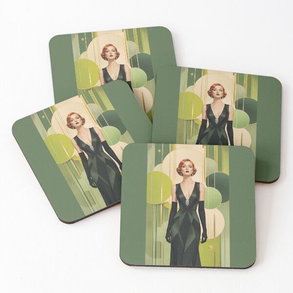 Item preview, 1920s Flapper Woman with orange red hair in Modern Minimalist Art Style with green variation 5 designed and sold by Lucia Amaris Art.