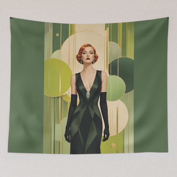 Item preview, 1920s Flapper Woman with orange red hair in Modern Minimalist Art Style with green variation 5 designed and sold by Lucia Amaris Art.