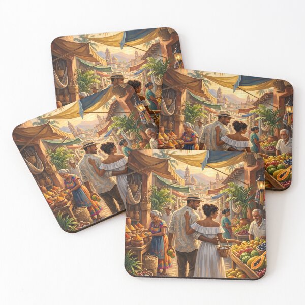 Item preview, Caribbean Market Morning – Romantic Latin American Couple Street Scene – Tropical Slow Living Art designed and sold by QuietWallStudio.