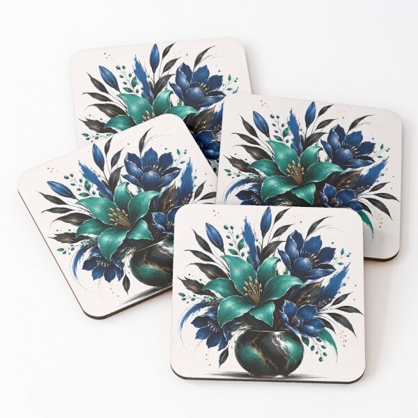Item preview, Dark Floral Botanical Art — Navy Blue Lily Teal Flowers Black Marble Vase designed and sold by Aureva Arts Shop.