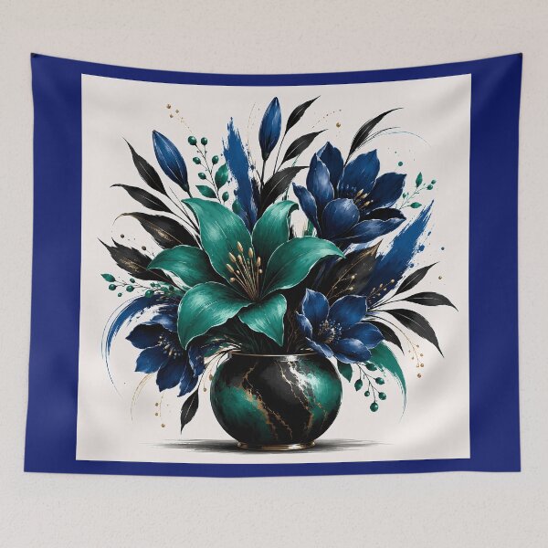 Item preview, Dark Floral Botanical Art — Navy Blue Lily Teal Flowers Black Marble Vase designed and sold by Aureva Arts Shop.