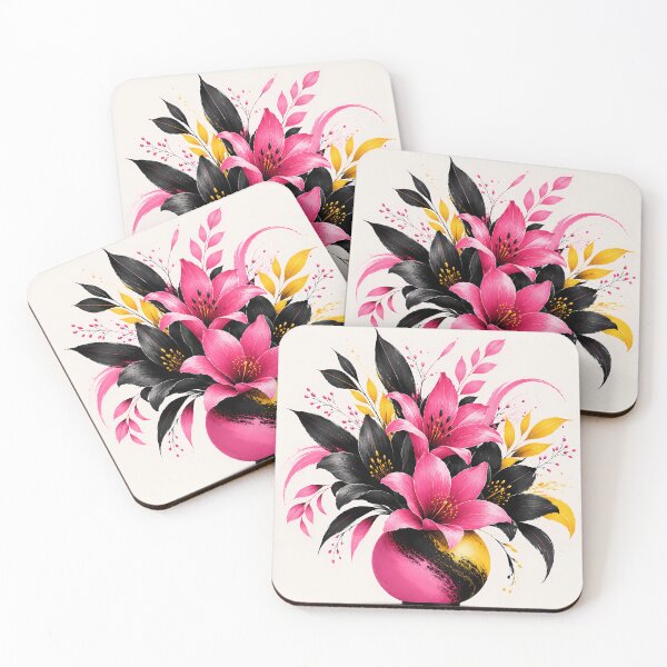 Item preview, Bold Pink Lily Bouquet with Black Leaves and Yellow Accents designed and sold by Aureva Arts Shop.