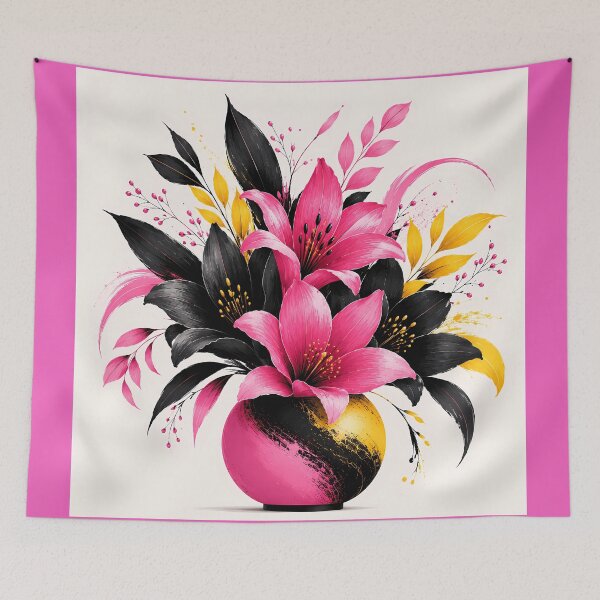 Item preview, Bold Pink Lily Bouquet with Black Leaves and Yellow Accents designed and sold by Aureva Arts Shop.