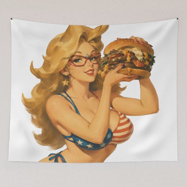 Item preview, Burger Babe Pin-Up | Original Vintage Americana Illustration designed and sold by Cosplayvintage.