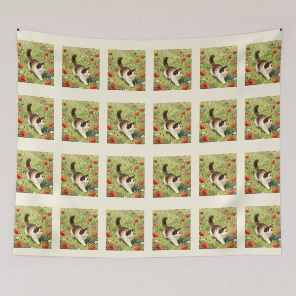 Item preview, Calico Cat Among the Poppies | Watercolor Cat Art designed and sold by BCapybara.