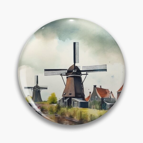 Item preview, Three Historic Windmills Holland Canal Watercolor Art designed and sold by UmSkelig834.