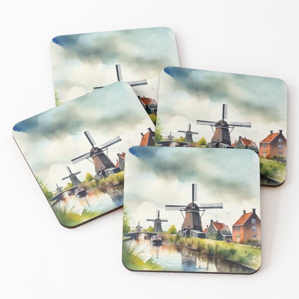 Item preview, Three Historic Windmills Holland Canal Watercolor Art designed and sold by UmSkelig834.
