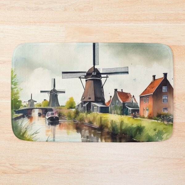 Item preview, Three Historic Windmills Holland Canal Watercolor Art designed and sold by UmSkelig834.