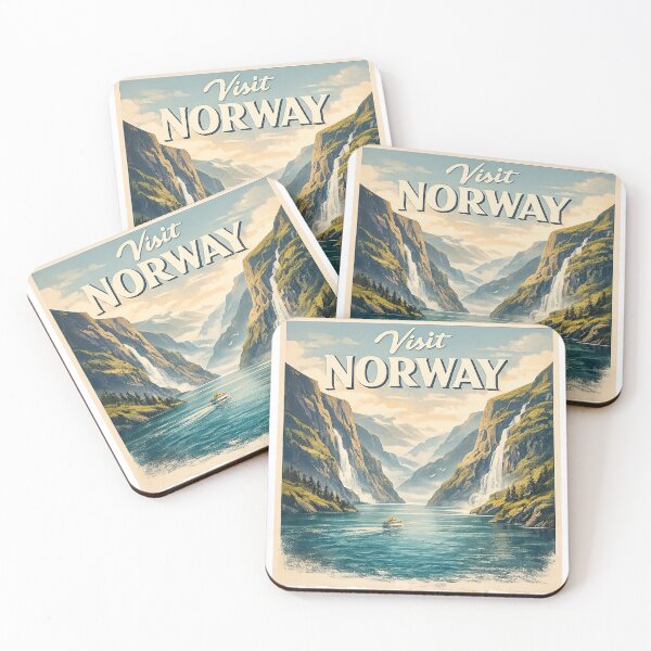 Item preview, Vintage Visit Norway Fjords Travel Poster Design designed and sold by NovaMoodCo.