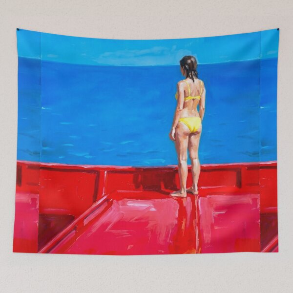 Item preview, Woman in Yellow Swimsuit on Red Deck, Coastal Ocean Wall Art. By Carraann designed and sold by CARRAANN.