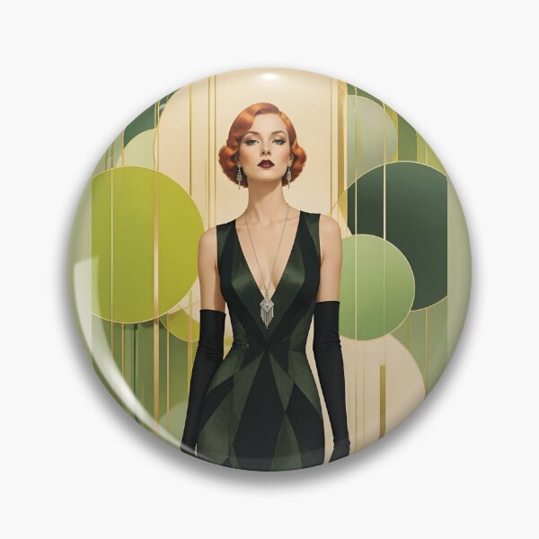 Item preview, 1920s Flapper Woman with orange red hair in Modern Minimalist Art Style with green designed and sold by Lucia Amaris Art.