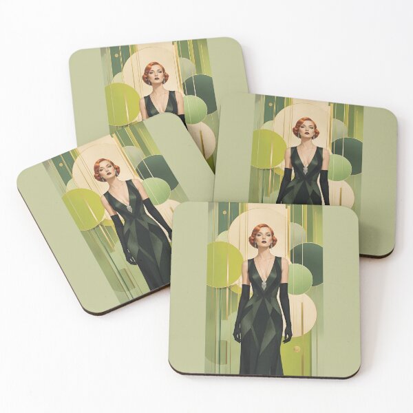 Item preview, 1920s Flapper Woman with orange red hair in Modern Minimalist Art Style with green designed and sold by Lucia Amaris Art.