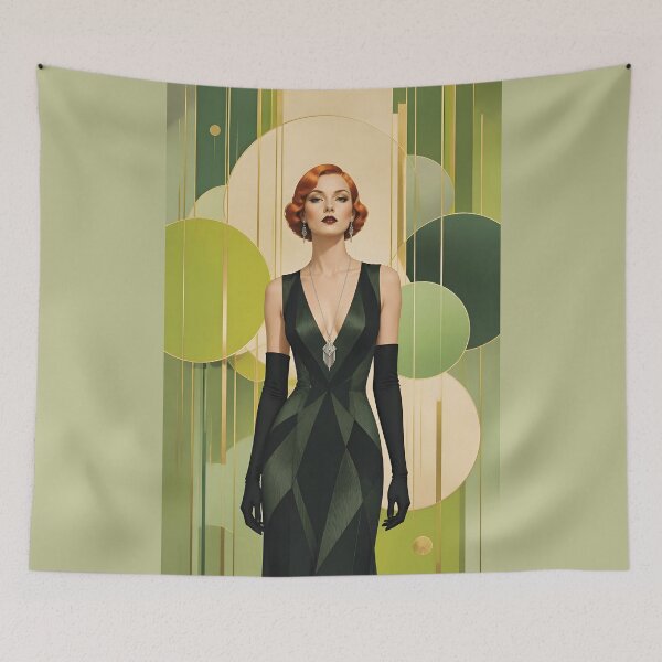 Item preview, 1920s Flapper Woman with orange red hair in Modern Minimalist Art Style with green designed and sold by Lucia Amaris Art.