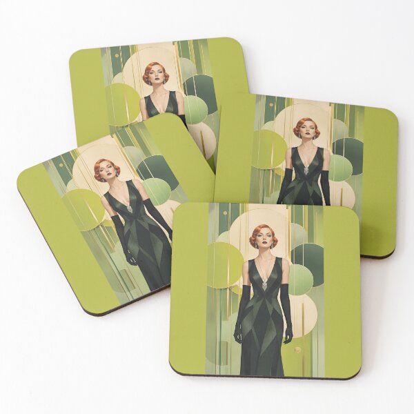 Item preview, 1920s Flapper Woman with orange red hair in Modern Minimalist Art Style with green variation 6 designed and sold by Lucia Amaris Art.
