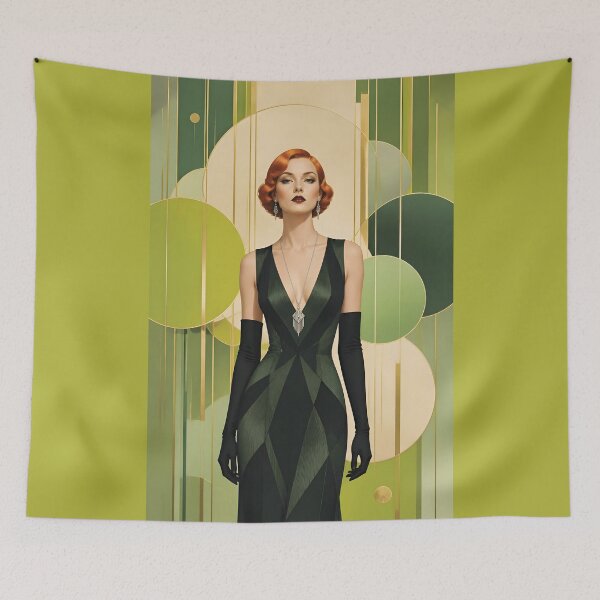Item preview, 1920s Flapper Woman with orange red hair in Modern Minimalist Art Style with green variation 6 designed and sold by Lucia Amaris Art.