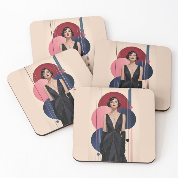 Item preview, 1920s Flapper Woman with black hair in Modern Minimalist Art Style with pink designed and sold by Lucia Amaris Art.