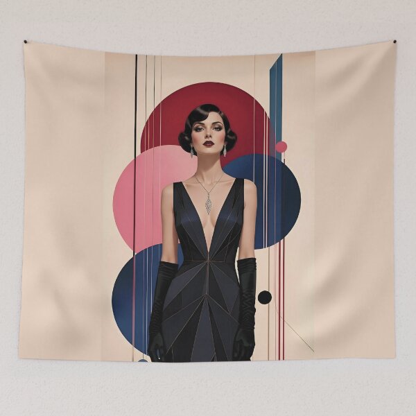 Item preview, 1920s Flapper Woman with black hair in Modern Minimalist Art Style with pink designed and sold by Lucia Amaris Art.
