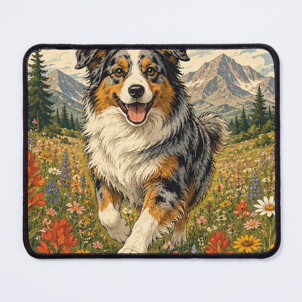 Item preview, Australian Shepherd Wildflower Meadow Vintage Dog Illustration designed and sold by Golden Era Studio.