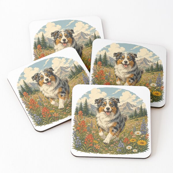 Item preview, Australian Shepherd Wildflower Meadow Vintage Dog Illustration designed and sold by Golden Era Studio.