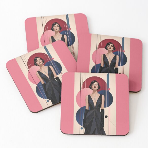Item preview, 1920s Flapper Woman with black hair in Modern Minimalist Art Style with pink variation 1 designed and sold by Lucia Amaris Art.