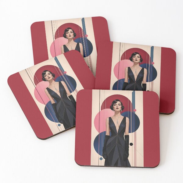 Item preview, 1920s Flapper Woman with black hair in Modern Minimalist Art Style with pink variation 2 designed and sold by Lucia Amaris Art.
