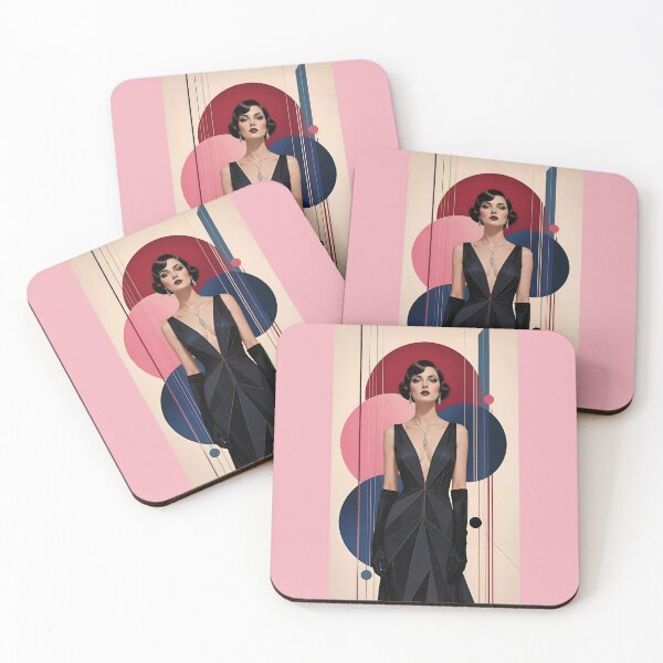 Item preview, 1920s Flapper Woman with black hair in Modern Minimalist Art Style with pink variation 4 designed and sold by Lucia Amaris Art.