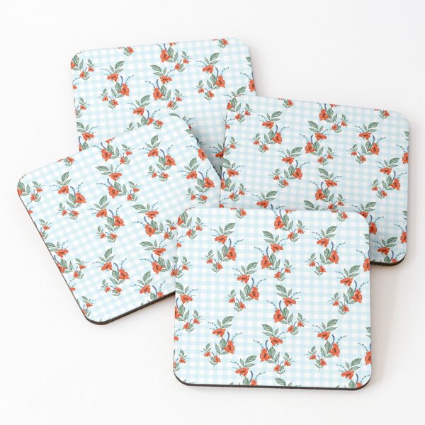 Item preview, Red Flowers on Blue Gingham Pattern designed and sold by TeeGeeTees.