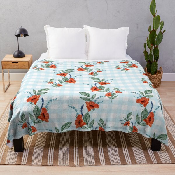Item preview, Red Flowers on Blue Gingham Pattern designed and sold by TeeGeeTees.