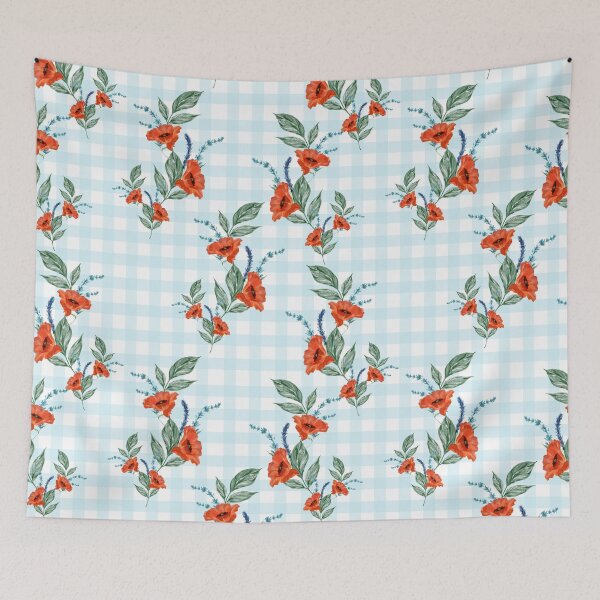 Item preview, Red Flowers on Blue Gingham Pattern designed and sold by TeeGeeTees.