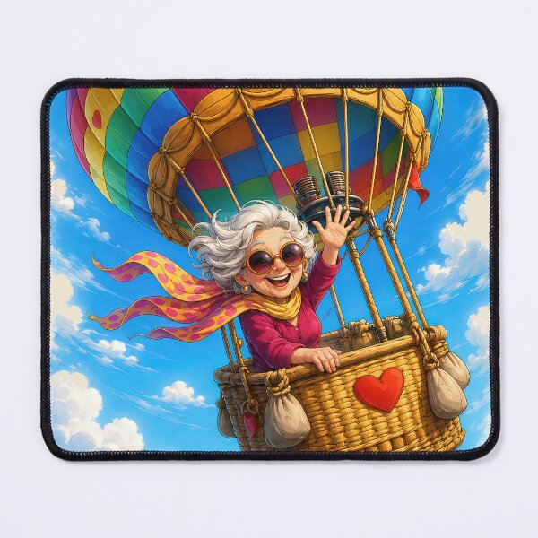 Item preview, Cool Granny in Her Hot Air Balloon — Little Old Lady Cartoon Illustration designed and sold by kornkobart.