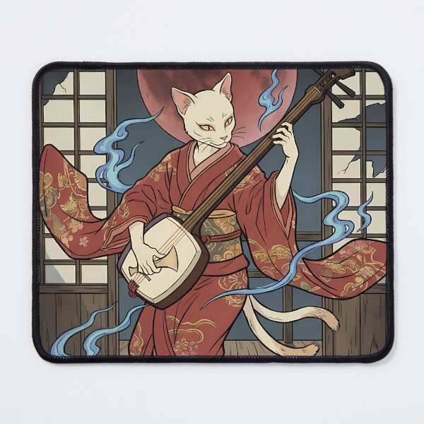 Item preview, Mystical Cat Shamisen Player under Blood Moon Ukiyo-e Art designed and sold by TokyoUkiyoHouse.