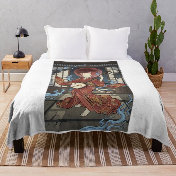 Item preview, Mystical Cat Shamisen Player under Blood Moon Ukiyo-e Art designed and sold by TokyoUkiyoHouse.